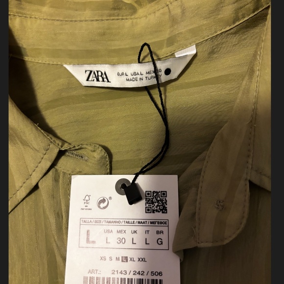 Zara light green shiny khaki striped long sleeve blouse NWT - Picture 8 of 9